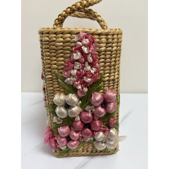 Mantessa Woven Straw Raffia Flower Tote Bag Pink White Boho Cottagecore - Picture 4 of 13